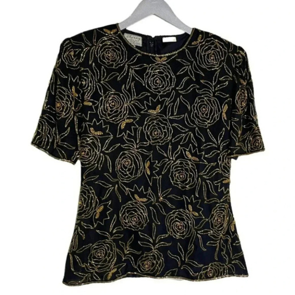 Y2K Stenay Beaded Silk Top M Black Gold Vintage Floral Rose Sequin Short Sleeve